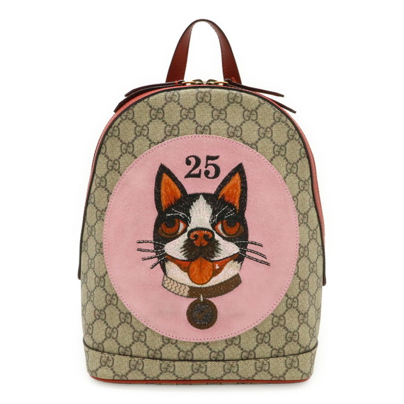 GUCCI Handbags - GUCCI GG Supreme BOSCO appliqué dog backpack, leather, beige/red, 495621